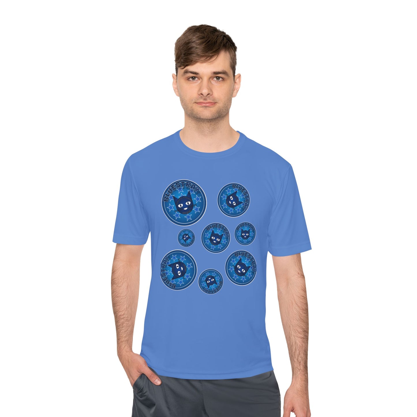 Blue Cat Galaxy Tee — "Bluestray" Graphic Moisture-Wicking Shirt