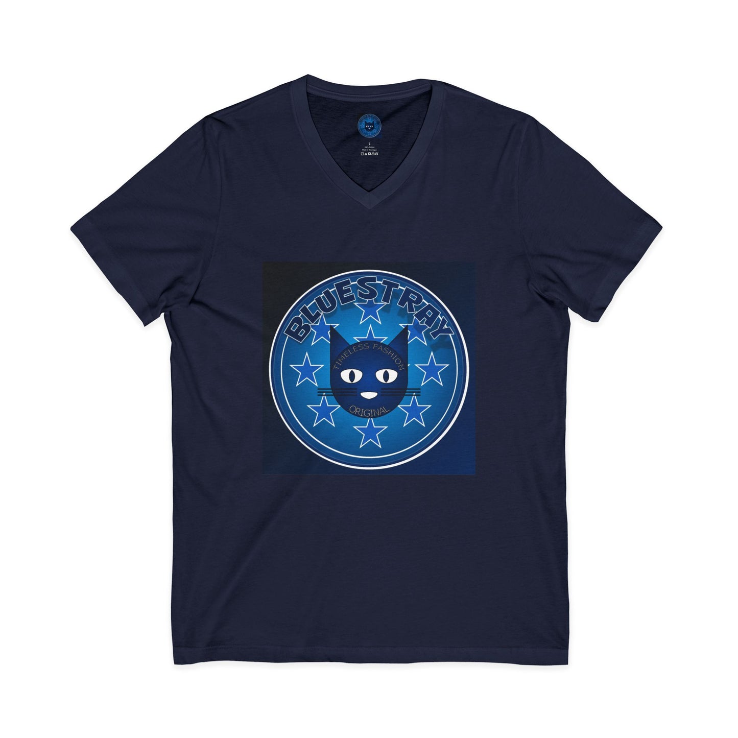 Bluestray Cat V-Neck Tee — Retro Night Sky Cat Graphic Shirt