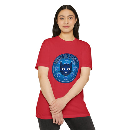 Bluestray Cat Graphic T-Shirt — “Bluestray” Retro Star Logo