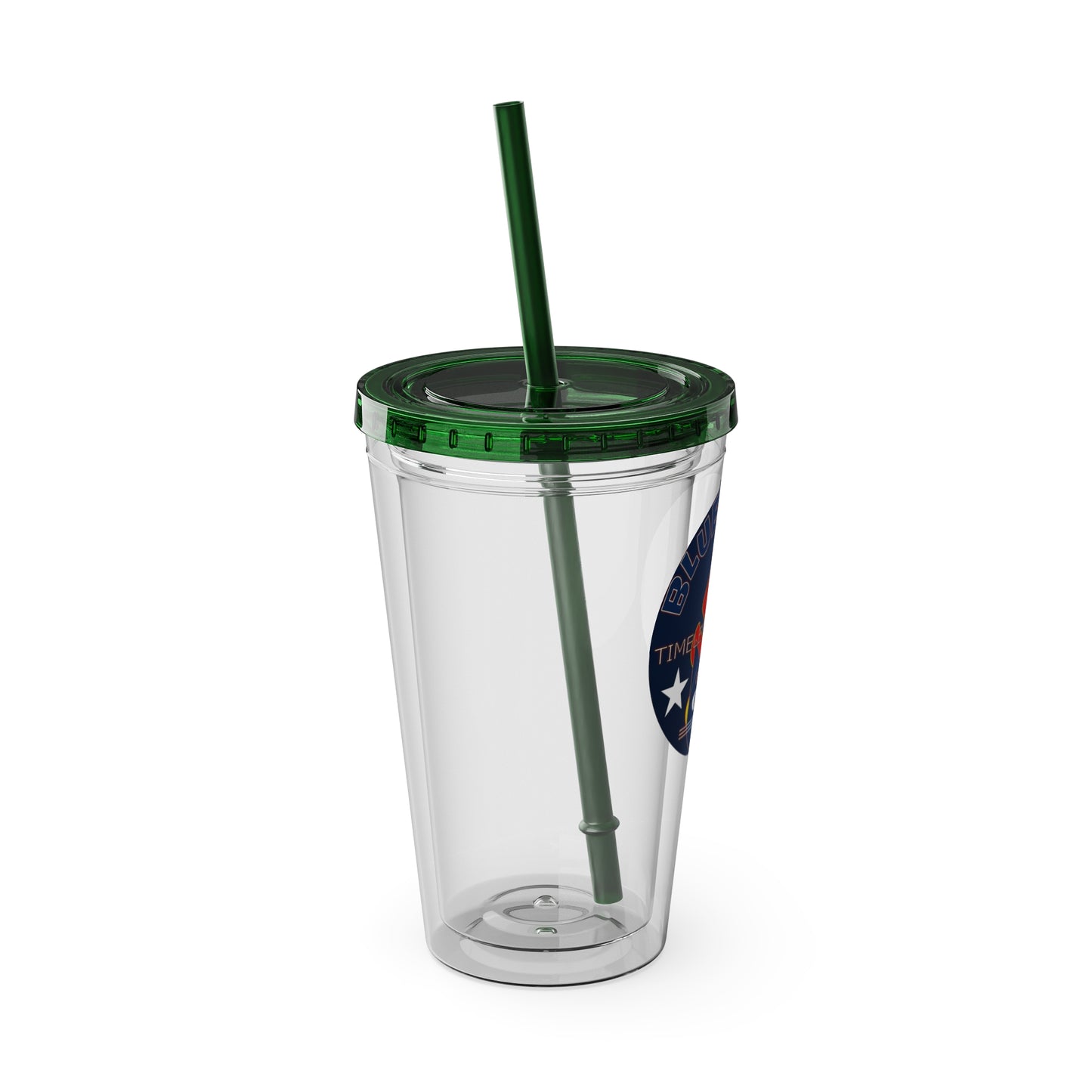 Sunsplash 16oz Clear Tumbler with Straw — Retro Bluestray Flame Crest Design