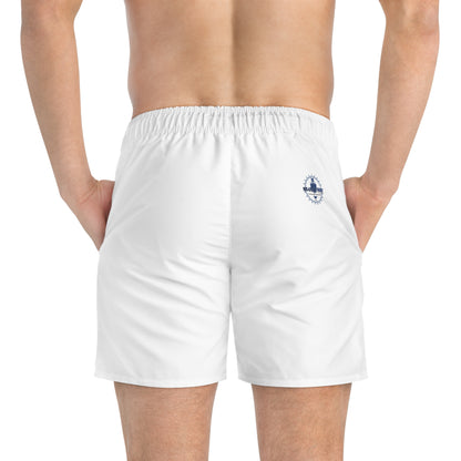 Men's White Swim Trunks with Blue 'Bluestray Timeless Fashion' Logo
