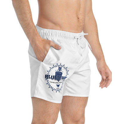 Men's White Swim Trunks with Blue 'Bluestray Timeless Fashion' Logo