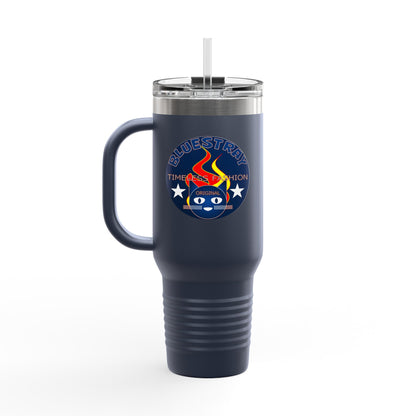 40oz Insulated Travel Mug — Questing Bluestray Cat Logo, Retro Space Adventure Design