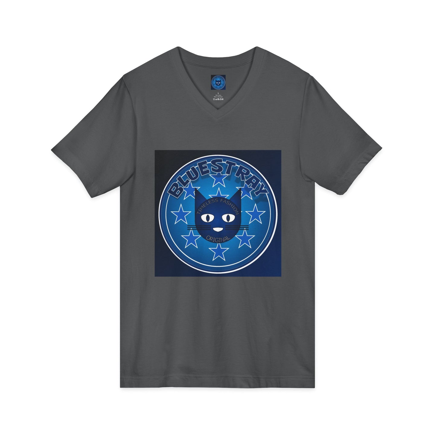 Bluestray Cat V-Neck Tee — Retro Night Sky Cat Graphic Shirt