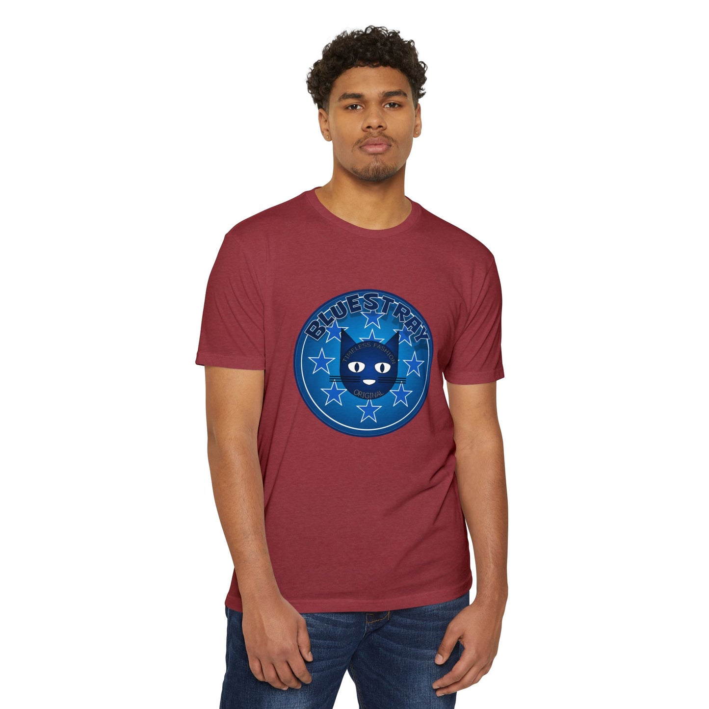 Bluestray Cat Graphic T-Shirt — “Bluestray” Retro Star Logo