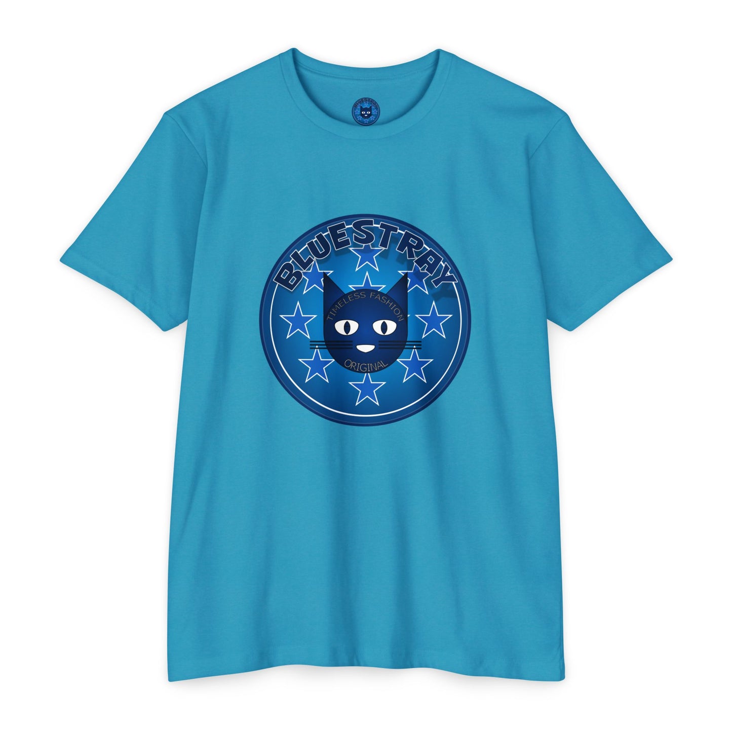 Bluestray Cat Graphic T-Shirt — “Bluestray” Retro Star Logo
