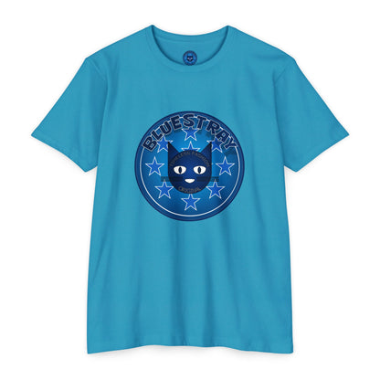 Bluestray Cat Graphic T-Shirt — “Bluestray” Retro Star Logo