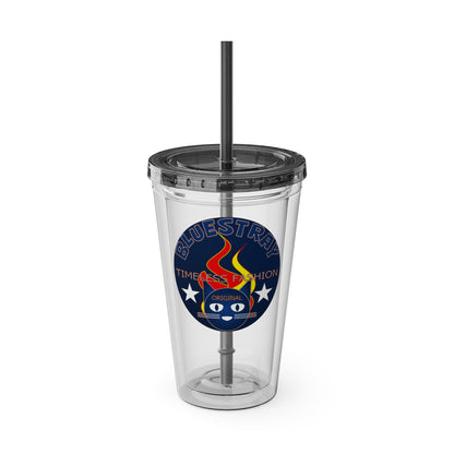 Sunsplash 16oz Clear Tumbler with Straw — Retro Bluestray Flame Crest Design
