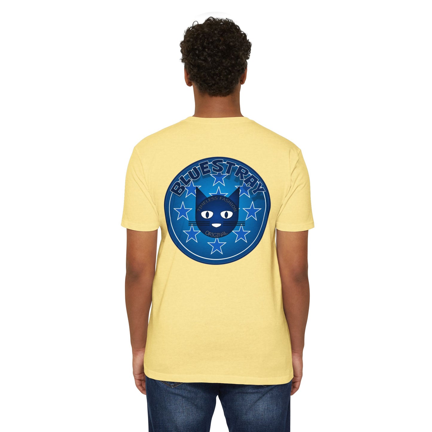 Bluestray Cat Graphic T-Shirt — “Bluestray” Retro Star Logo