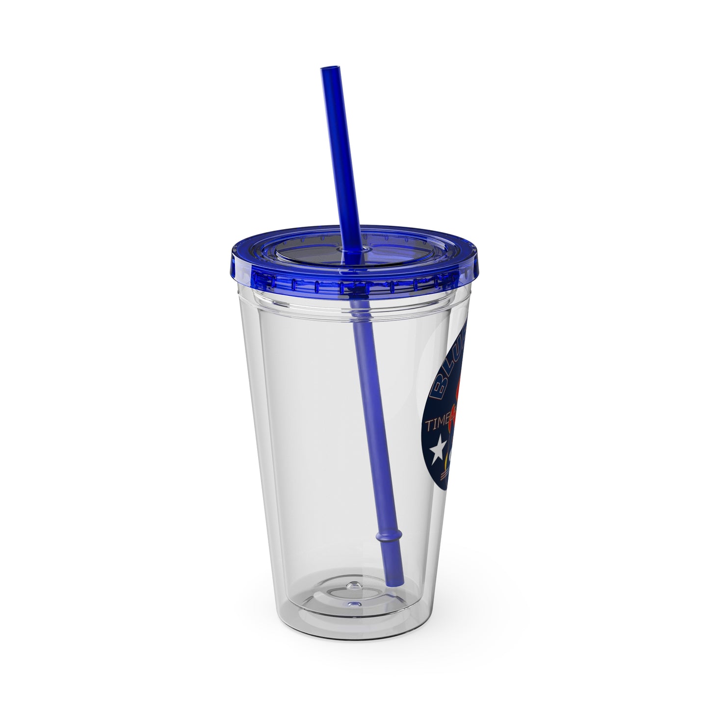 Sunsplash 16oz Clear Tumbler with Straw — Retro Bluestray Flame Crest Design