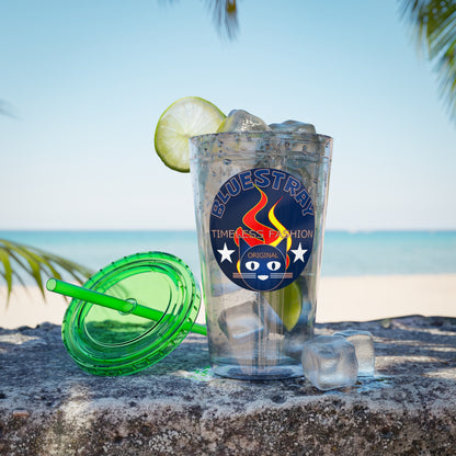 Sunsplash 16oz Clear Tumbler with Straw — Retro Bluestray Flame Crest Design
