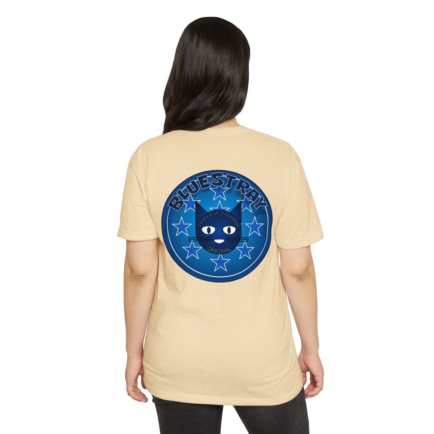 Bluestray Cat Graphic T-Shirt — “Bluestray” Retro Star Logo