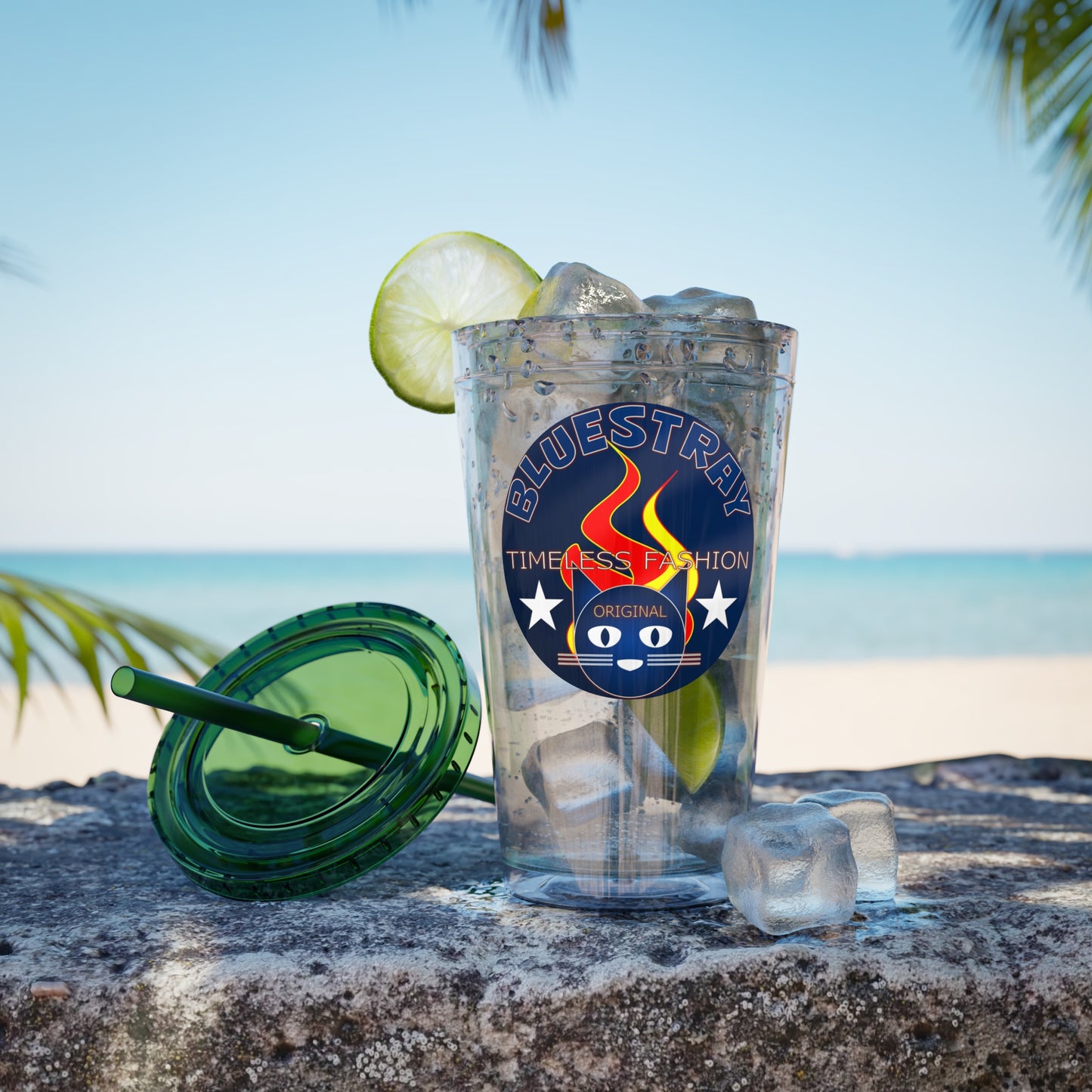 Sunsplash 16oz Clear Tumbler with Straw — Retro Bluestray Flame Crest Design