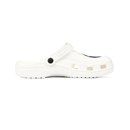Camping Flame Clogs — White EVA Foam Slip-On Shoes with Bluestray Graphic