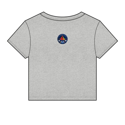 Bluestray Retro Flame Crest Women's Baby Tee — 'Time & Motion' Graphic Crop Top