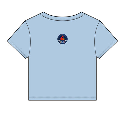 Bluestray Retro Flame Crest Women's Baby Tee — 'Time & Motion' Graphic Crop Top