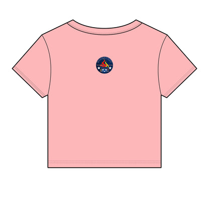 Bluestray Retro Flame Crest Women's Baby Tee — 'Time & Motion' Graphic Crop Top