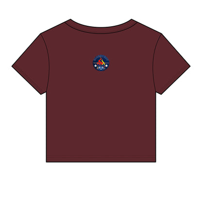 Bluestray Retro Flame Crest Women's Baby Tee — 'Time & Motion' Graphic Crop Top
