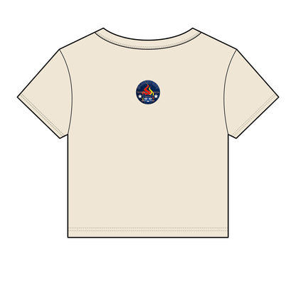 Bluestray Retro Flame Crest Women's Baby Tee — 'Time & Motion' Graphic Crop Top