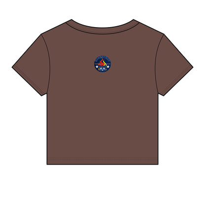 Bluestray Retro Flame Crest Women's Baby Tee — 'Time & Motion' Graphic Crop Top