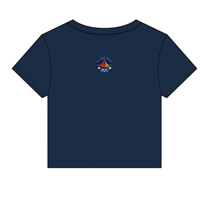 Bluestray Retro Flame Crest Women's Baby Tee — 'Time & Motion' Graphic Crop Top