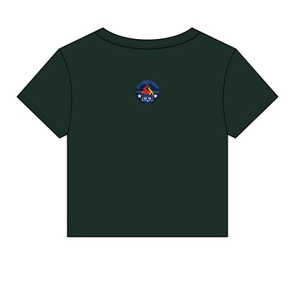 Bluestray Retro Flame Crest Women's Baby Tee — 'Time & Motion' Graphic Crop Top
