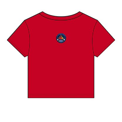 Bluestray Retro Flame Crest Women's Baby Tee — 'Time & Motion' Graphic Crop Top
