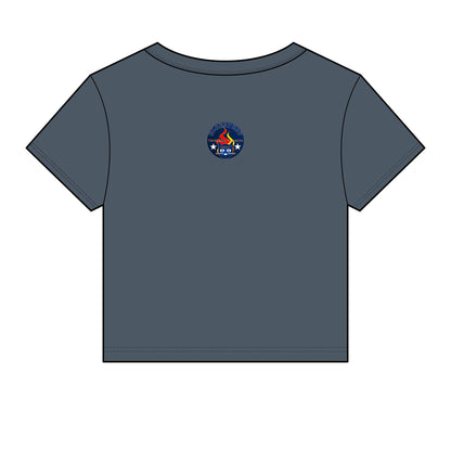 Bluestray Retro Flame Crest Women's Baby Tee — 'Time & Motion' Graphic Crop Top