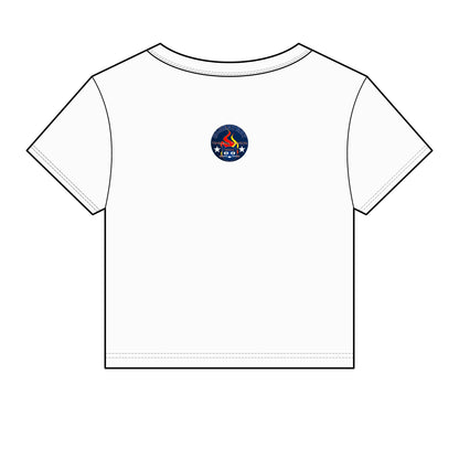 Bluestray Retro Flame Crest Women's Baby Tee — 'Time & Motion' Graphic Crop Top