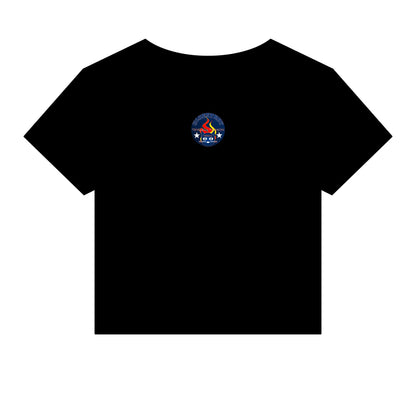 Bluestray Retro Flame Crest Women's Baby Tee — 'Time & Motion' Graphic Crop Top