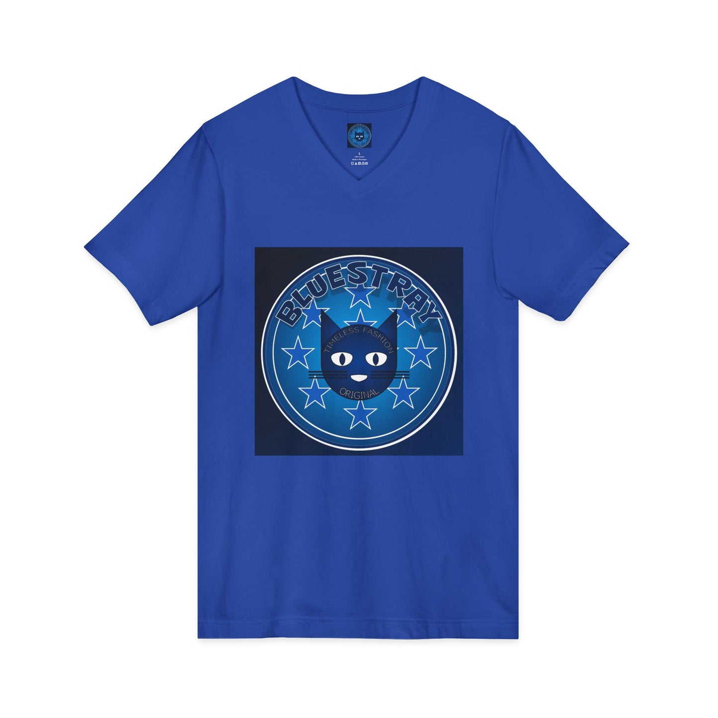 Bluestray Cat V-Neck Tee — Retro Night Sky Cat Graphic Shirt