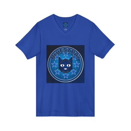 Bluestray Cat V-Neck Tee — Retro Night Sky Cat Graphic Shirt