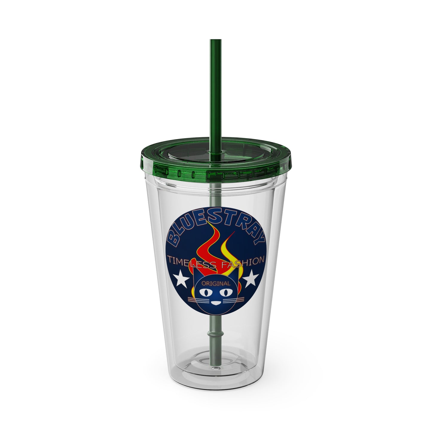 Sunsplash 16oz Clear Tumbler with Straw — Retro Bluestray Flame Crest Design