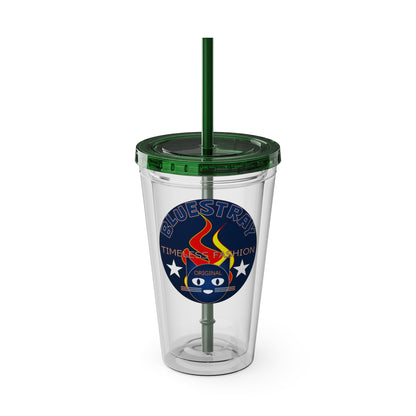 Sunsplash 16oz Clear Tumbler with Straw — Retro Bluestray Flame Crest Design