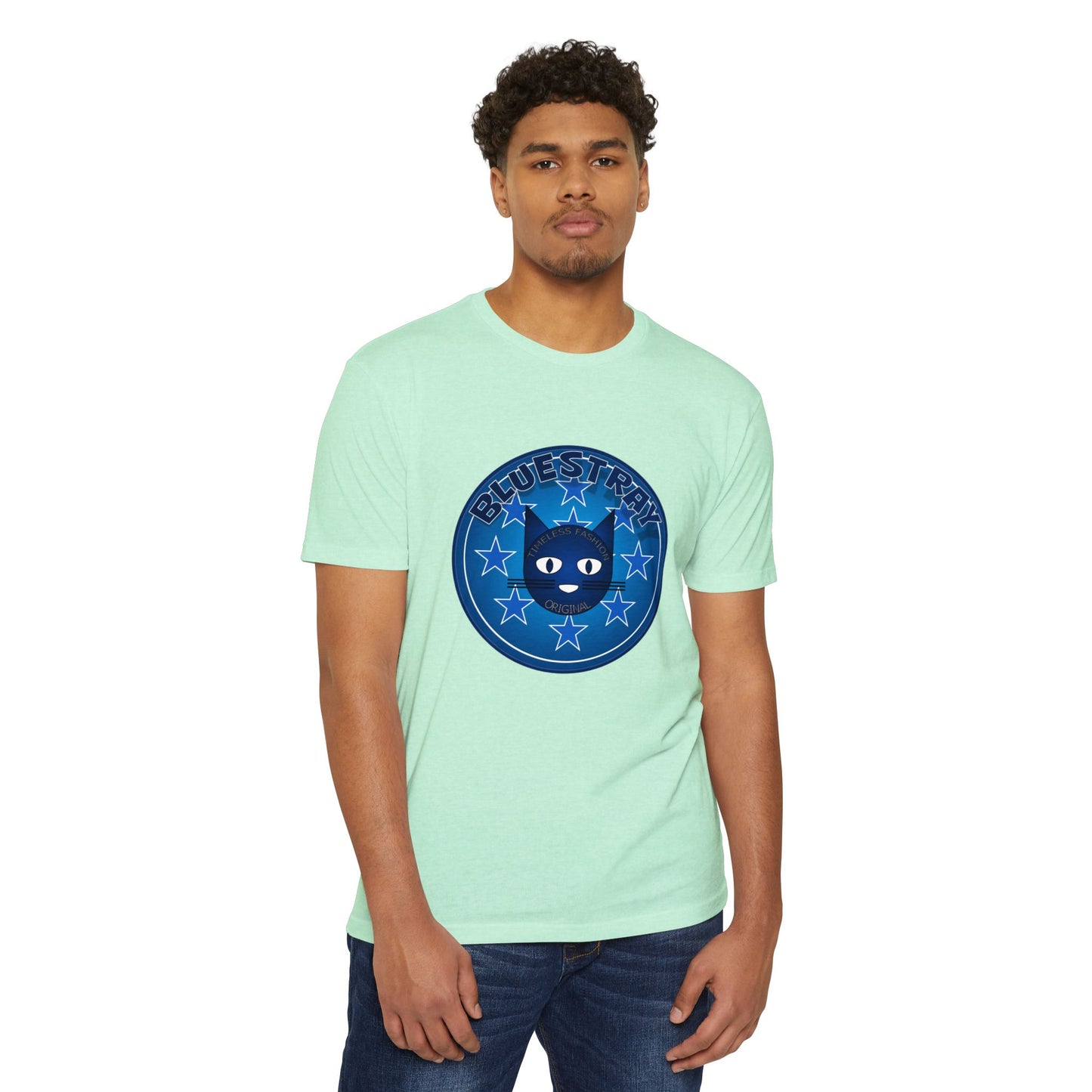 Bluestray Cat Graphic T-Shirt — “Bluestray” Retro Star Logo