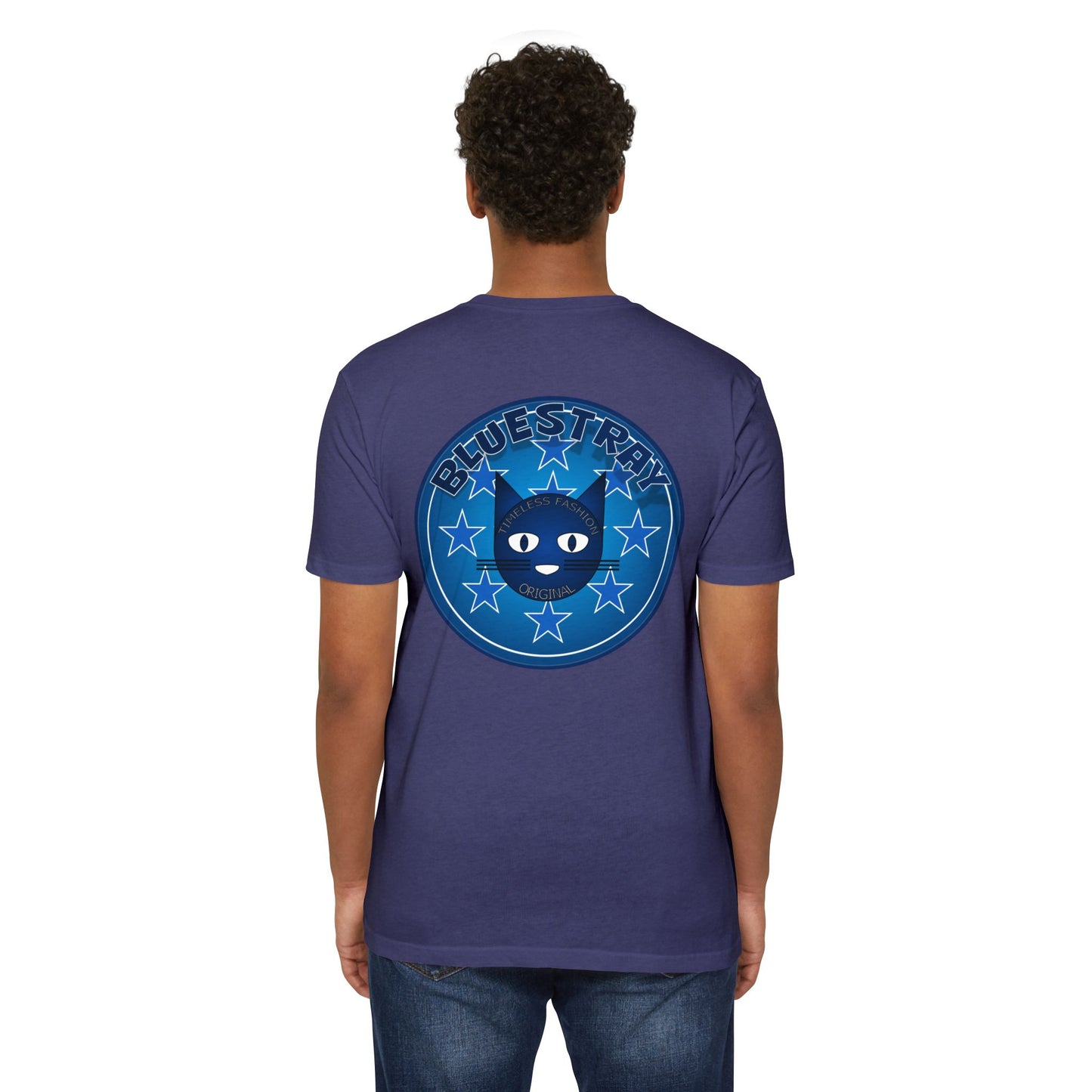 Bluestray Cat Graphic T-Shirt — “Bluestray” Retro Star Logo