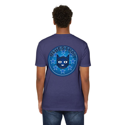 Bluestray Cat Graphic T-Shirt — “Bluestray” Retro Star Logo