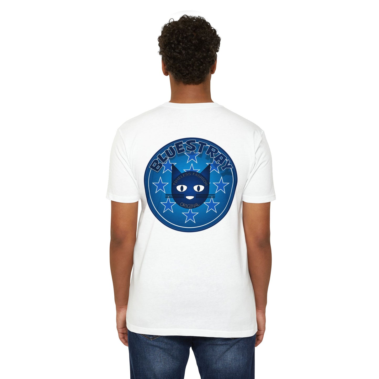 Bluestray Cat Graphic T-Shirt — “Bluestray” Retro Star Logo