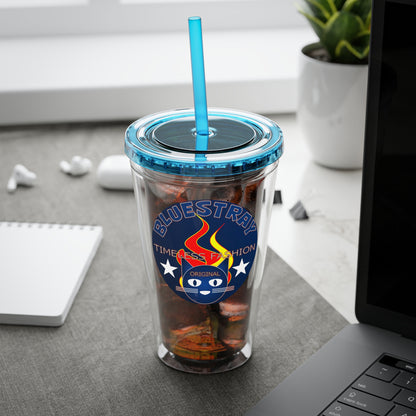Sunsplash 16oz Clear Tumbler with Straw — Retro Bluestray Flame Crest Design