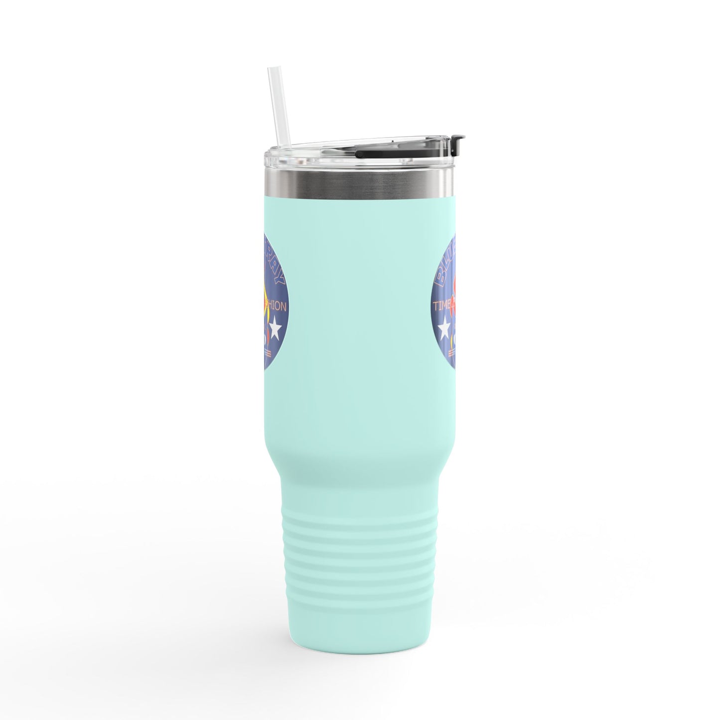 40oz Insulated Travel Mug — Questing Bluestray Cat Logo, Retro Space Adventure Design