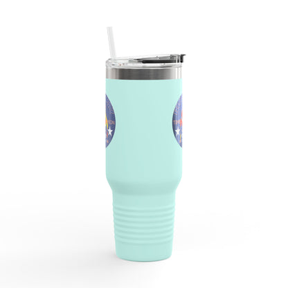 40oz Insulated Travel Mug — Questing Bluestray Cat Logo, Retro Space Adventure Design