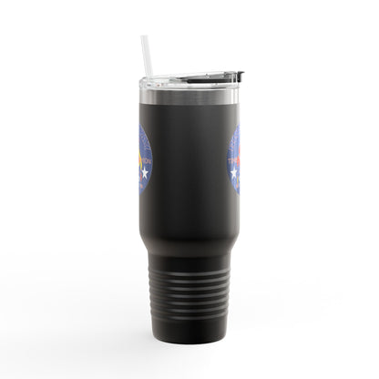 40oz Insulated Travel Mug — Questing Bluestray Cat Logo, Retro Space Adventure Design