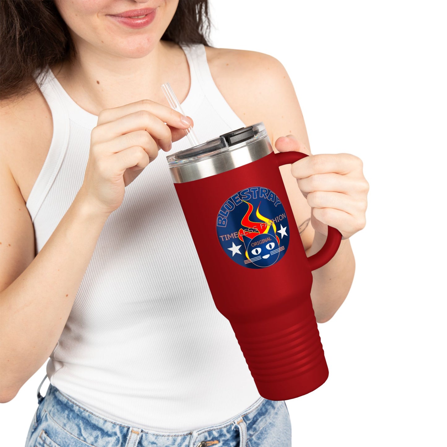 40oz Insulated Travel Mug — Questing Bluestray Cat Logo, Retro Space Adventure Design