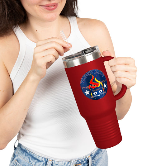 40oz Insulated Travel Mug — Questing Bluestray Cat Logo, Retro Space Adventure Design
