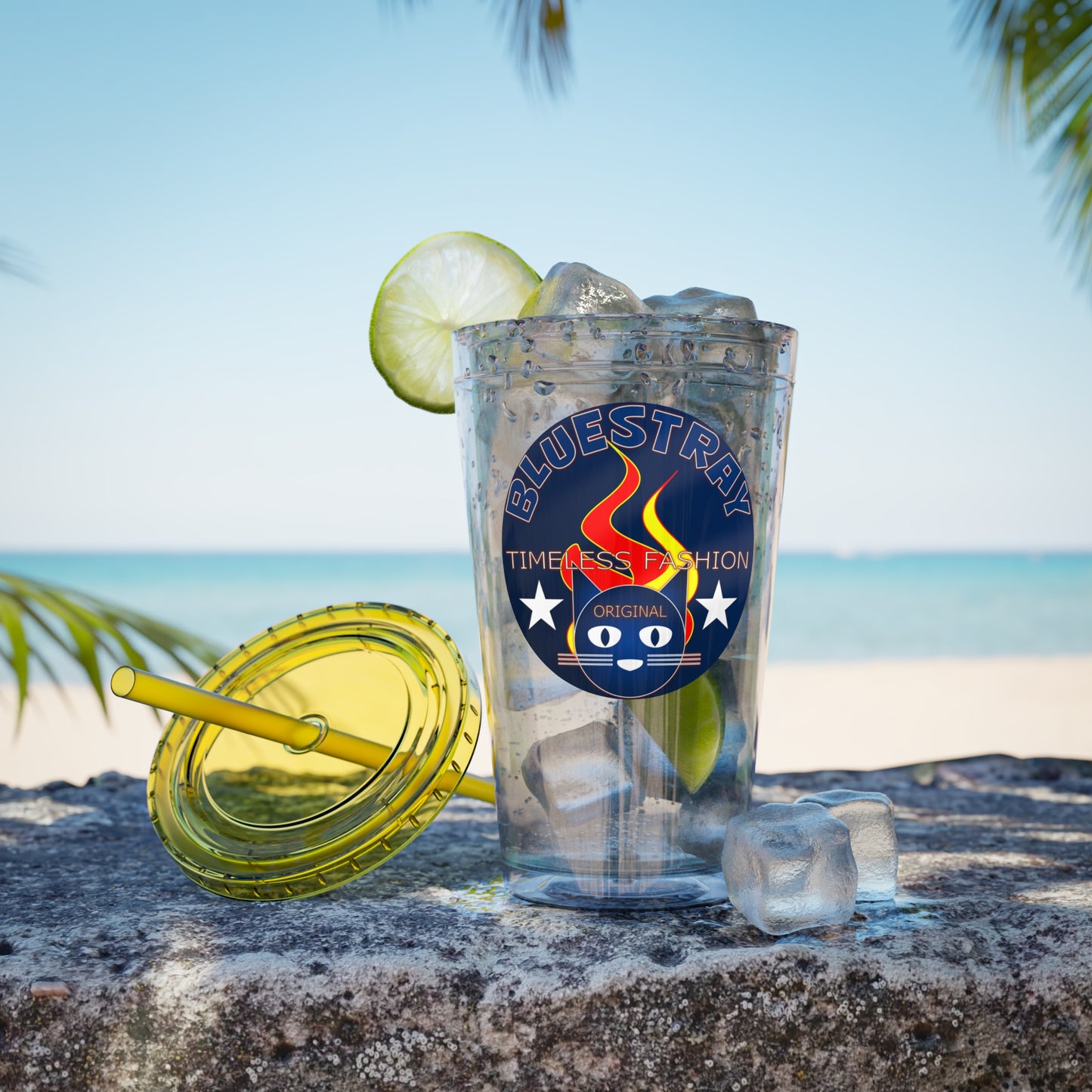 Sunsplash 16oz Clear Tumbler with Straw — Retro Bluestray Flame Crest Design