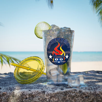 Sunsplash 16oz Clear Tumbler with Straw — Retro Bluestray Flame Crest Design