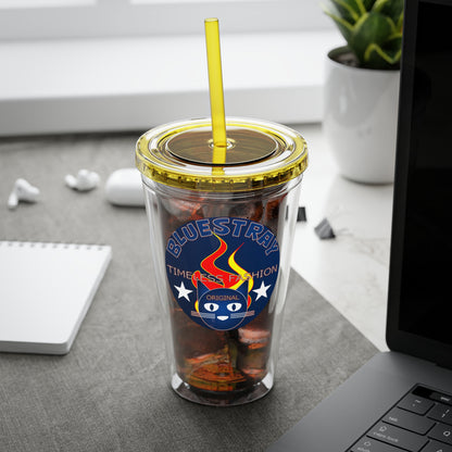 Sunsplash 16oz Clear Tumbler with Straw — Retro Bluestray Flame Crest Design
