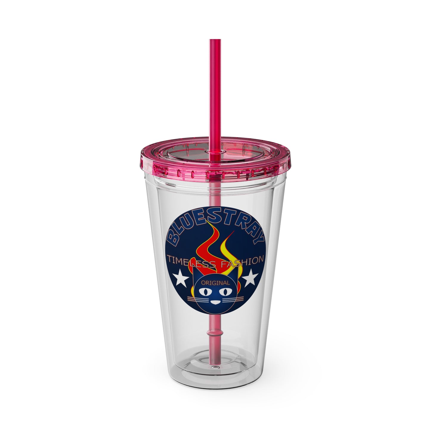 Sunsplash 16oz Clear Tumbler with Straw — Retro Bluestray Flame Crest Design