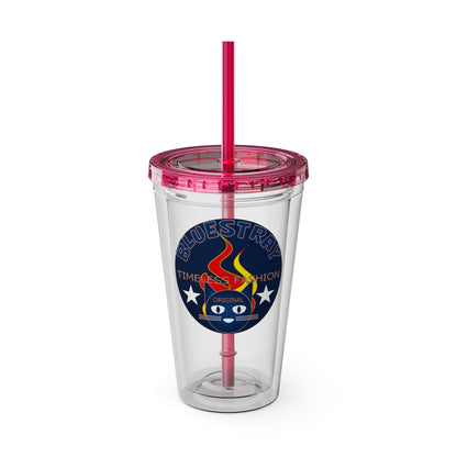 Sunsplash 16oz Clear Tumbler with Straw — Retro Bluestray Flame Crest Design