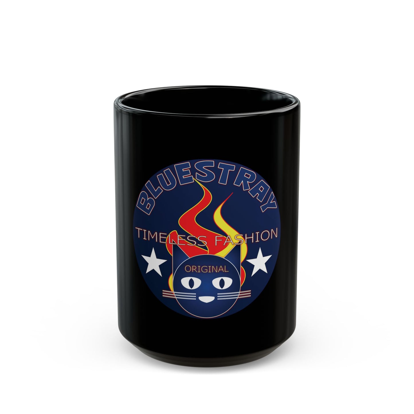 Black Ceramic Mug — ‘Bluestray Timeless Fashion’ Cat Logo (11oz & 15oz)